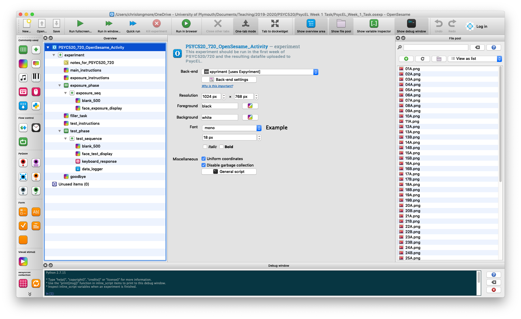 opensesame with experiment loaded